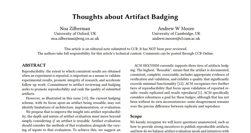 Half of front page of academic paper titled, "Thoughts about Artifact Badging"