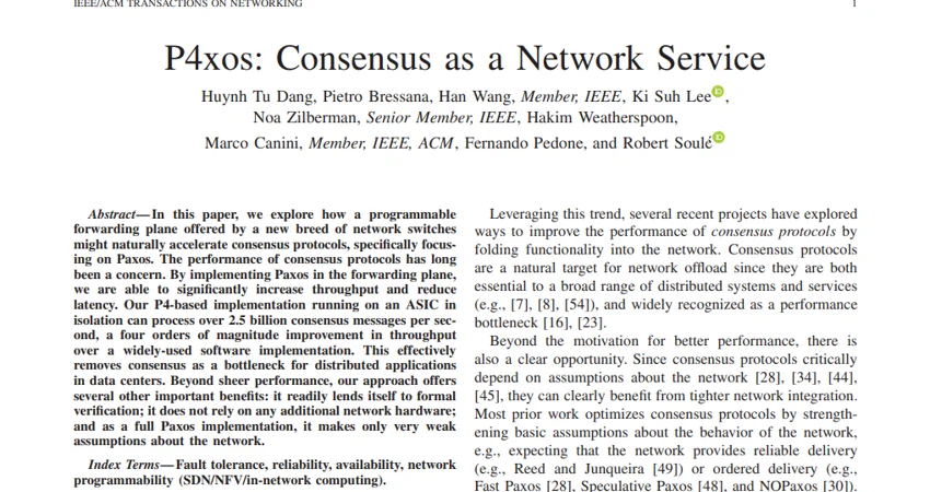 Half of front page of academic paper titled, "P4xos : Consensus as a Network Service"