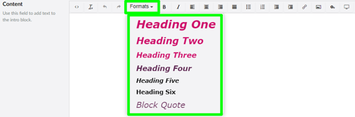 WYSIWYG/text editor, with highlighted section to show where to set the headings