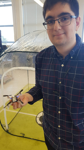 Aren Karapetyan demonstrating drone flight path planning and control to prospective undergraduates at the Department’s Open Day