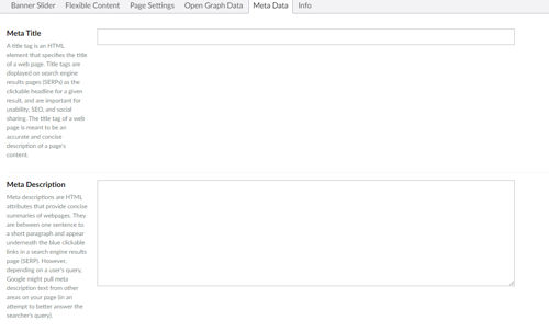 Screenshot showing the location of the Meta Data fields within the Umbraco CMS admin system