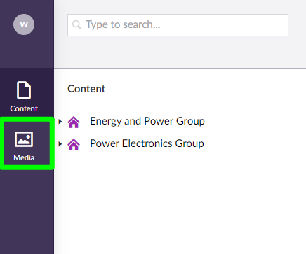 Screenshot indicating where the link to the Media library is within the Umbraco CMS Administration system