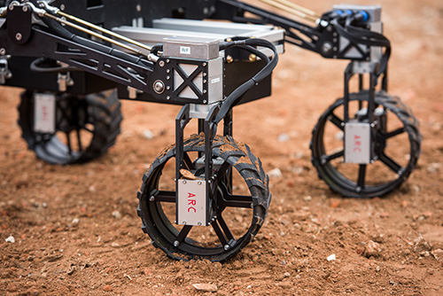 Close up image of the space rover robot wheels 