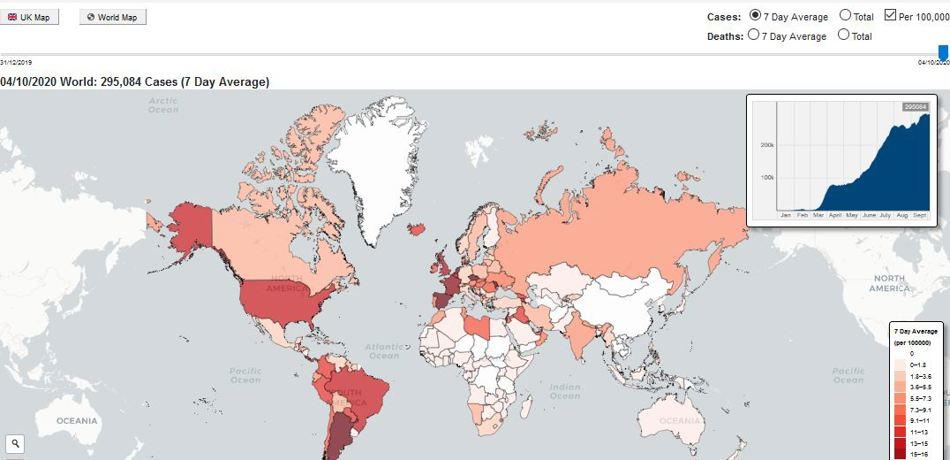 Covid19 Tracker showing world map of cases in last 7 days 