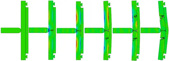A simulation of a high speed projectile impact into model composite armour.
