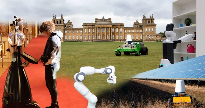 combined image with Betty robot, robot arm, Hulk robot driving through grass at Blenheim palace and jackal at solar farm.