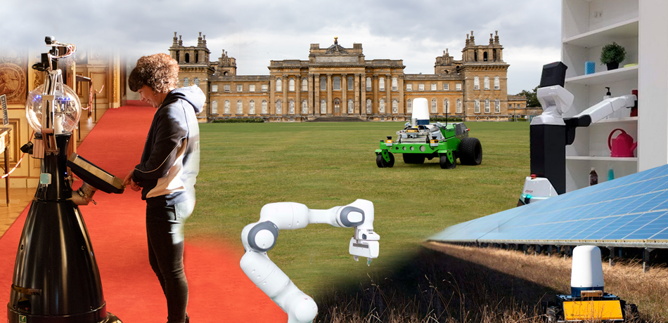 combined image with Betty robot, robot arm, Hulk robot driving through grass at Blenheim palace and jackal at solar farm.