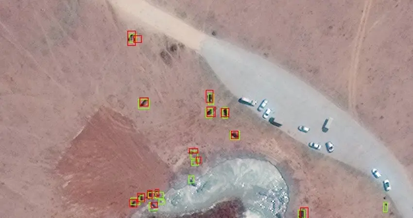 Example of CNN detections in Maasai Mara, Kenya from Geoeye‐1 Satellite, with CNN detections (green boxes) and ground truth labels (red boxes). Satellite image (c)2020 Maxar Technologies