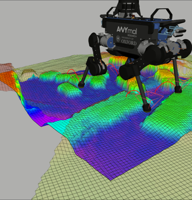 robot dog standing on 3D land model