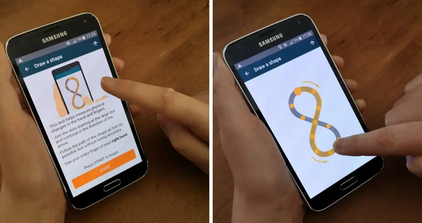 Simple smartphone-based assessments, such as a touch screen drawing test, can be used to measure disease symptoms when patients are not in the clinic