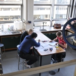 students study together in engineering building