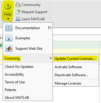 Screenshot of selecting Help > Licensing ? Update Current License