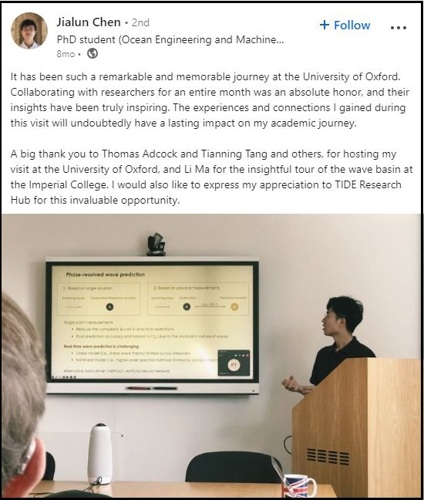 Jialun's LinkedIn post about his time at Oxford in 2023
