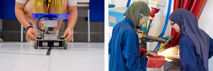 Students during UNIQ 2023 programming robots to follow a line and welding in the design, build, and test lab.