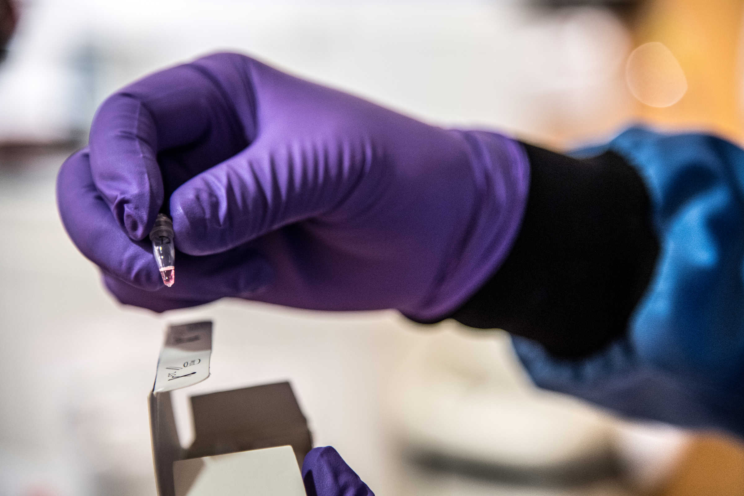 Researcher wearing PPE holding a vial of coronavirus sample