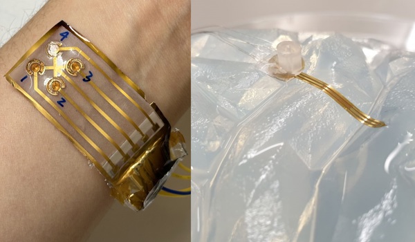 Left: Prototype of a flexible skin patch as a wearable device to control nerve signals. Right: Prototype of a soft, flexible implant that could precisely deliver drugs to specific areas of the brain or nerves. Images courtesy of Yixuan Leng, Massimo Mariello, Oxford Bioelectronics, Christopher Proctor.