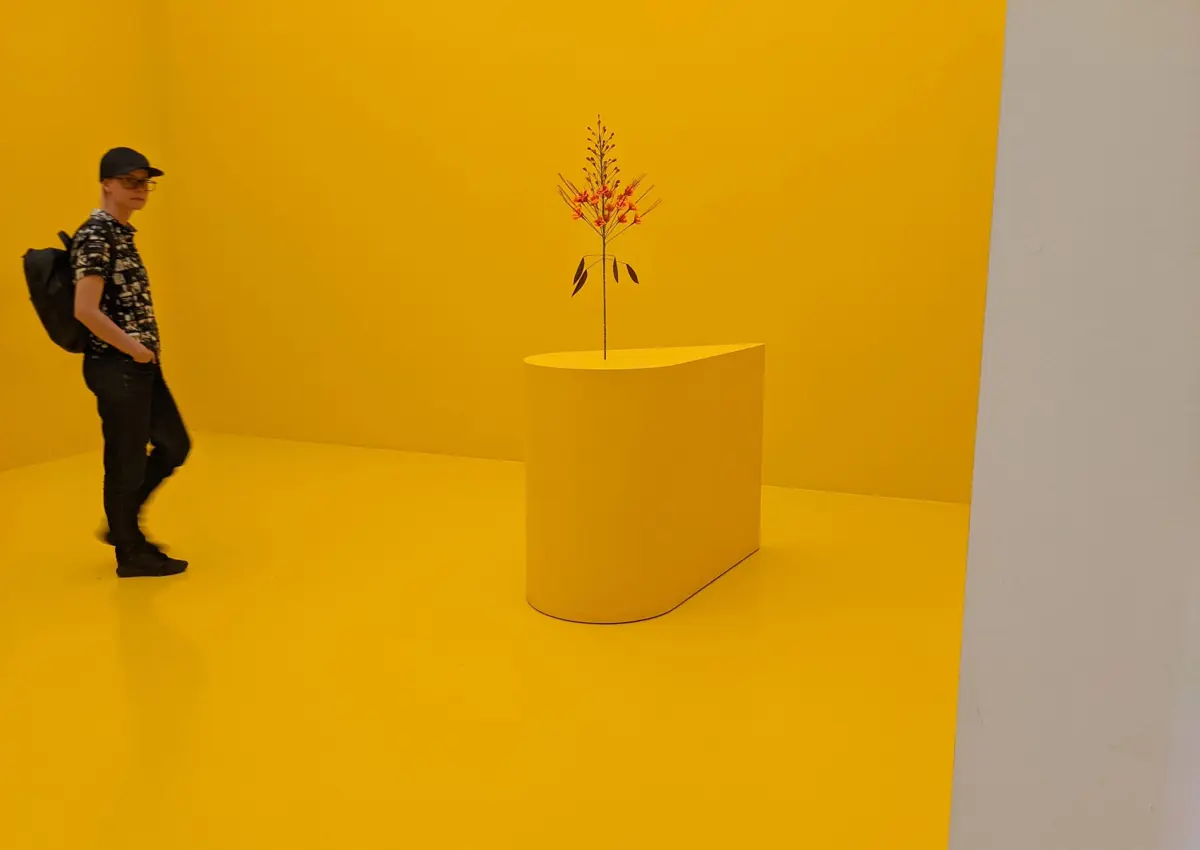Erin Canning with the Kapwani Kiwanga artwork "The Marias" (2020), Copenhagen Contemporary exhibition