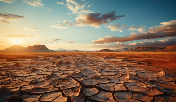 A wide angle view of a dry desert 