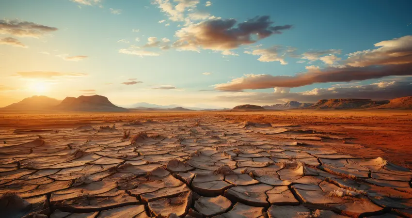 A wide angle view of a dry desert