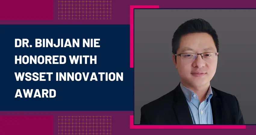 A portrait of Dr. Binjian Nie with title text of the article, 'Honored with WSSET Innovation Award'.