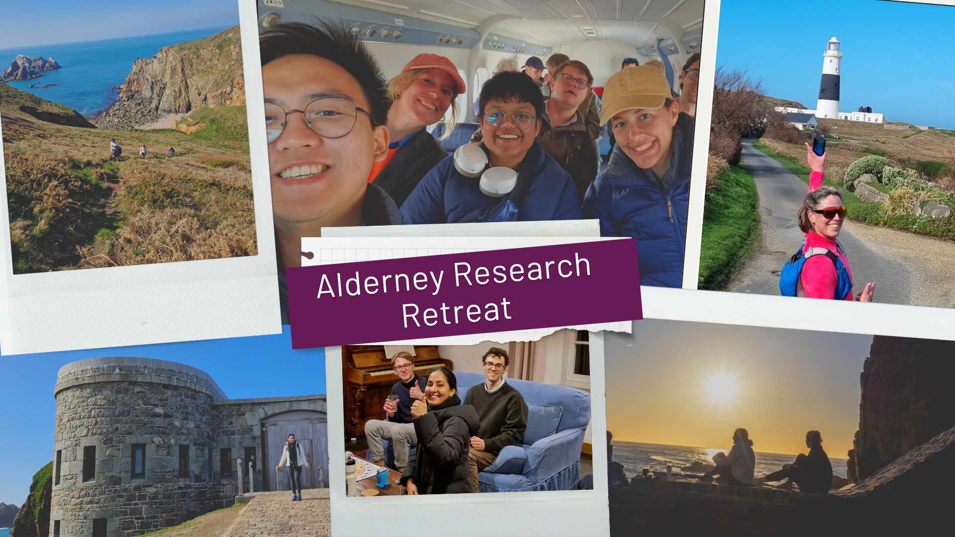 A collage of photos showing researchers on an Alderney retreat, including coastal walks, group selfies, the lighthouse, Fort Clonque, indoor collaboration, and a sunset by the sea, with the title “Alderney Research Retreat”.