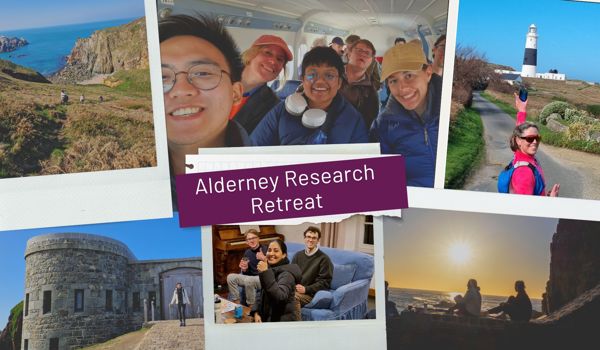 A collage of photos showing researchers on an Alderney retreat, including coastal walks, group selfies, the lighthouse, Fort Clonque, indoor collaboration, and a sunset by the sea, with the title “Alderney Research Retreat”.
