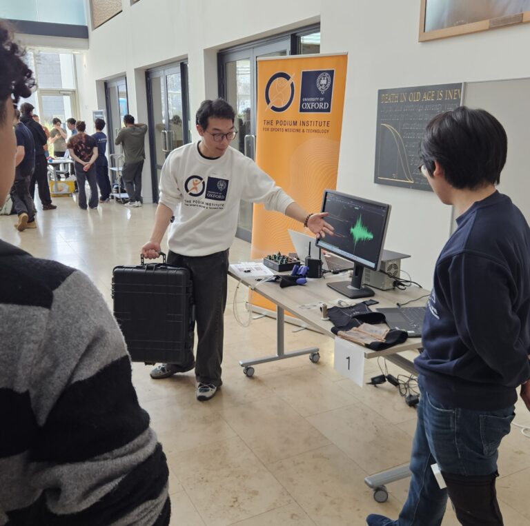 Researchers from the Podium Institute displayed wearable silicone stress sensors used to track forces on joints during activities like rugby and gymnastics.