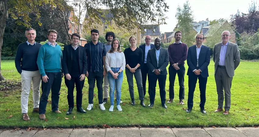 From left to right: Pascal Marty (Maison Française d'Oxford), Prof. Felix Leach (Oxford), Prof. Thomas Morstyn (Oxford), Khaled Alimi, Francois Michelon, Clarisse Audoin, Prof. Laurence Brassart (Oxford), Ludovic Drouin (Fr Embassy), Frank Tutu (EDF), Prof. Antoine Jérusalem (Oxford), Patrick Dupeyrat (EDF), Patrick Nedellec (Fr Embassy).
