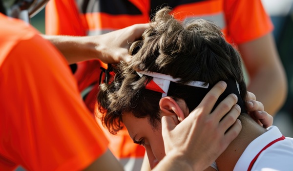 Young player receives medical attention for head injury. 