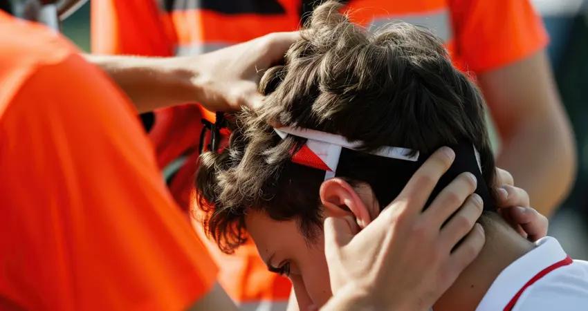 Young player receives medical attention for head injury.