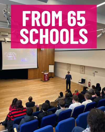 Graphic showing number of schools Oxford Engineering Outreach have worked with since October 2025 (65 schools), against photo of man presenting in lecture theatre to schoolchildren