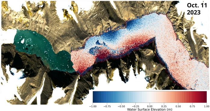 satellite image of the Dickson Fjord in East Greenland with the observed sea-surface height measurements from the SWOT satellite of the Earth-shaking wave on October 11th overlaid