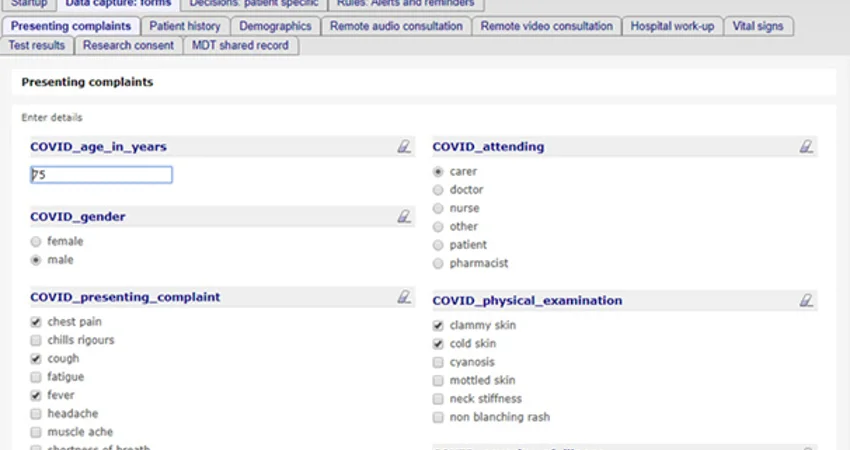 Screenshot Of Openclinical.Net Platform Showing Data Capture Of Patient Symptoms And Characteristics