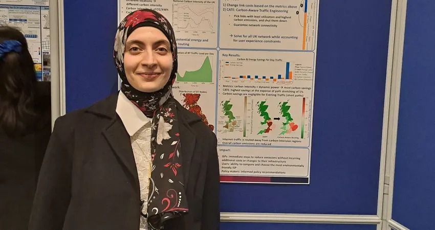 Sawsan El Zahr (Somerville College), of Oxford’s Department of Engineering Science, won first prize in the Dyson Sustainability Award for her poster, Exploring the benefits of carbon-aware routing