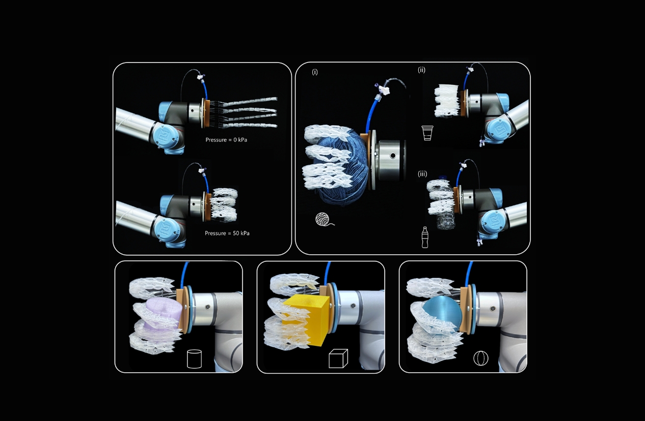 A soft gripper fabricated using our method, successfully lifting (i) a ball of yarn, (ii) a plastic cup, and (iii) a plastic bottle as well as other 3D objects (cylinder, cube and sphere)