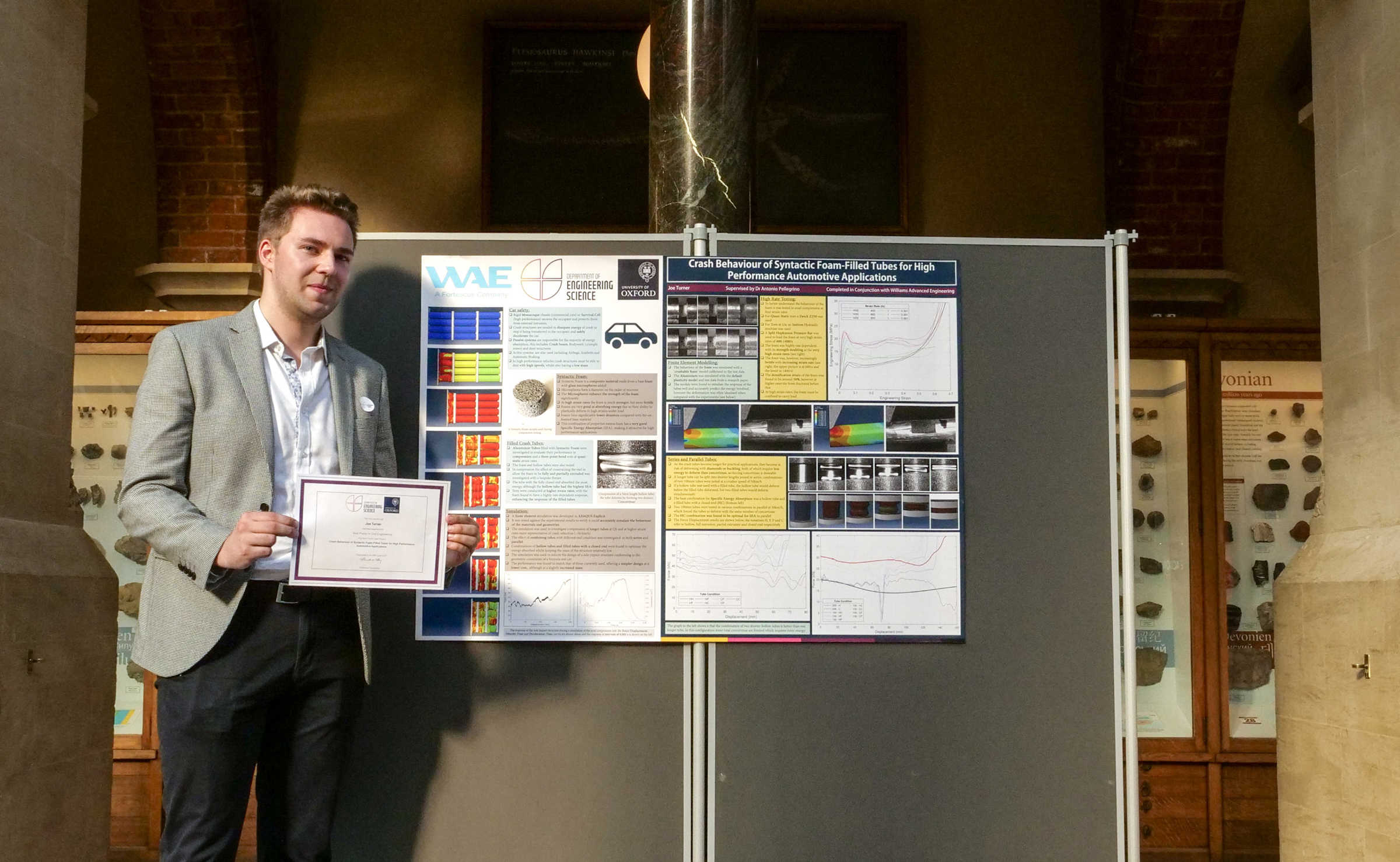 4th year student, Joe Turner (Civil Engineering poster winner) with his certificate and poster.
