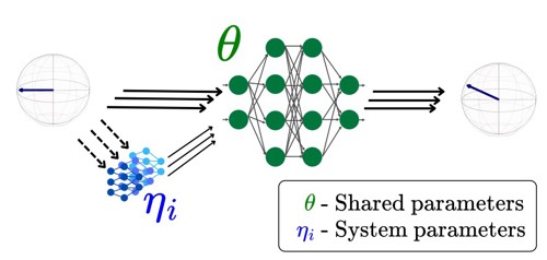 Meta-learning quantum dynamics with shared and system-specific neural network parameters.