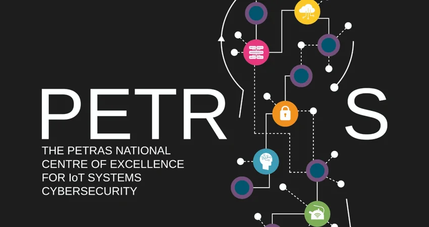 Flower diagram illustration and the words "The PETRAS National Centre of Excellence for IoT Systems Cybersecurity"