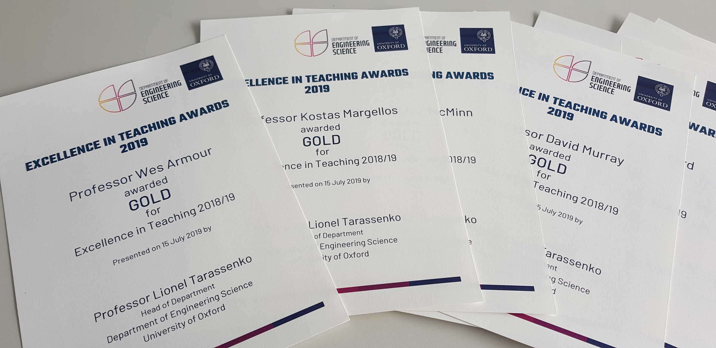 Certificates of Engineering Science academics who won Teaching Awards in 2019