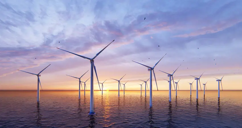 A wide-angle view of an offshore wind farm at sunset, with numerous wind turbines standing in calm ocean waters. The sky is painted with soft hues of purple, pink, and orange, and birds can be seen flying in the distance. The sun is low on the horizon, creating a serene and sustainable energy scene.