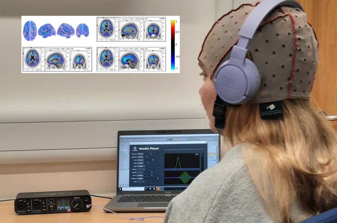 Patient with headphones and brain stimulation device in front of laptop and monitoring equipment, with a display of the scan inset