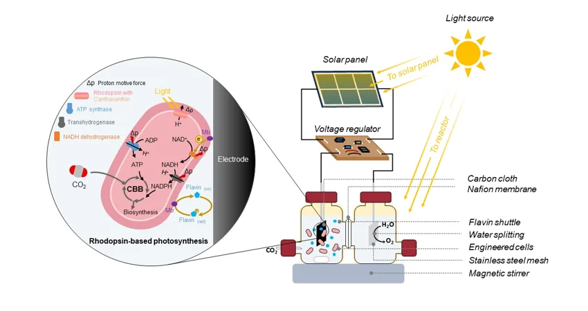 Construction of an artificial photosynthesis system by integrating a photo-electrochemical system with genetically engineered cells expressing rhodopsin and an outer-membrane proteins MtrCAB