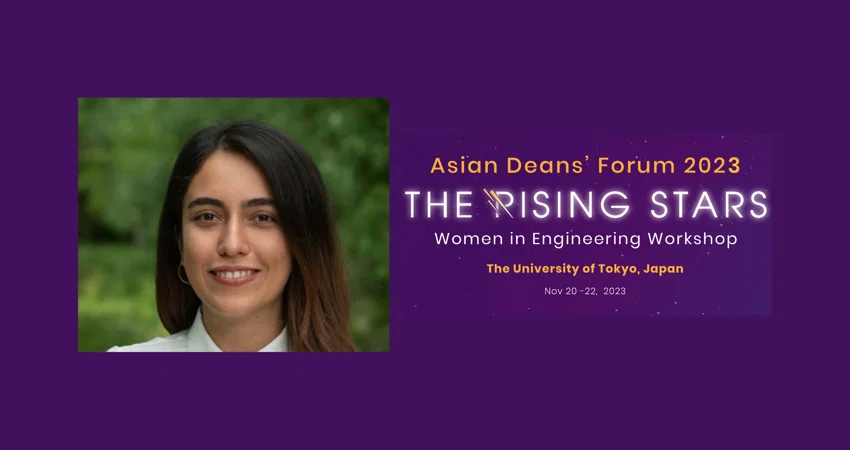 Dr Elnaz Azizi shortlisted for the Rising Stars Women in Engineering. The image is a graphic with a medium purple background with a head-shot photo of Elnaz and text saying: "Asian Deans' Forum 2023 | The Rising Stars | Women in Engineering Workshop | The University of Tokyo, Japan | Nov 20 - 22, 2023"