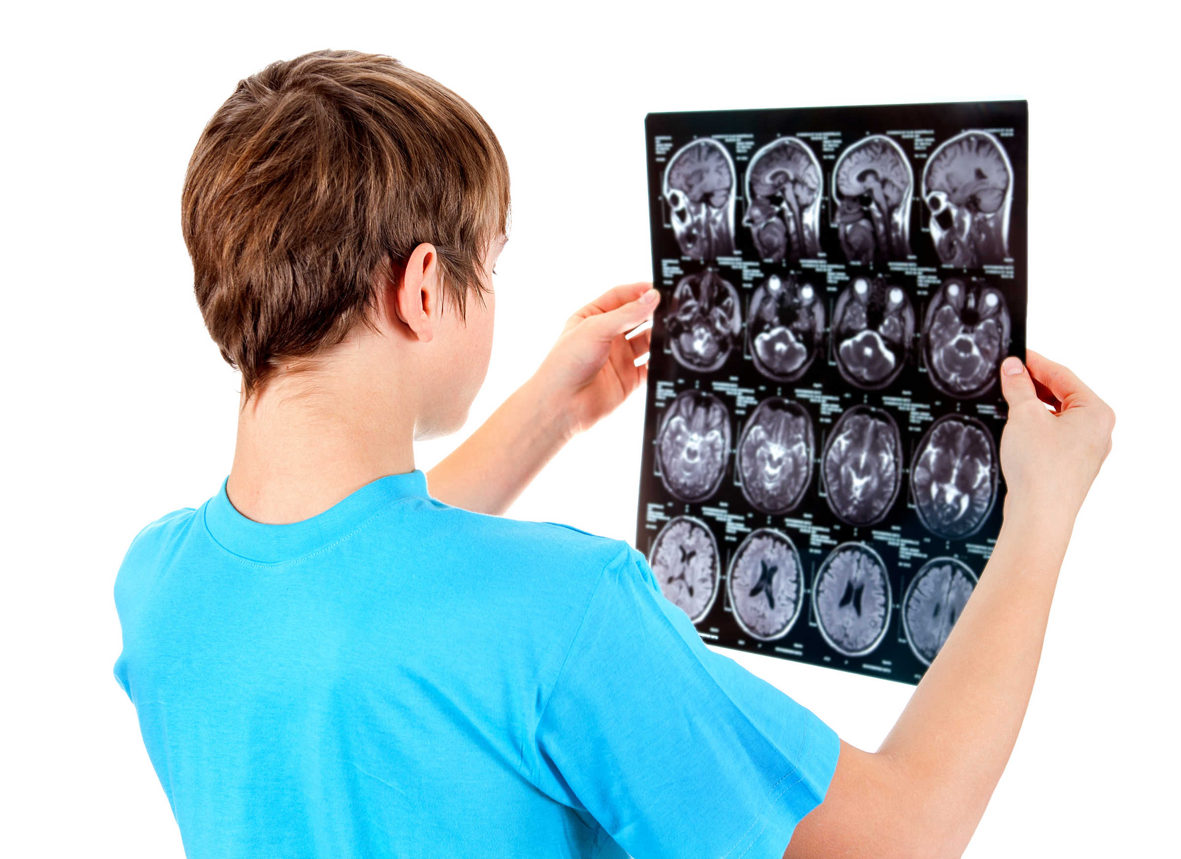 Person looking at images of head scans