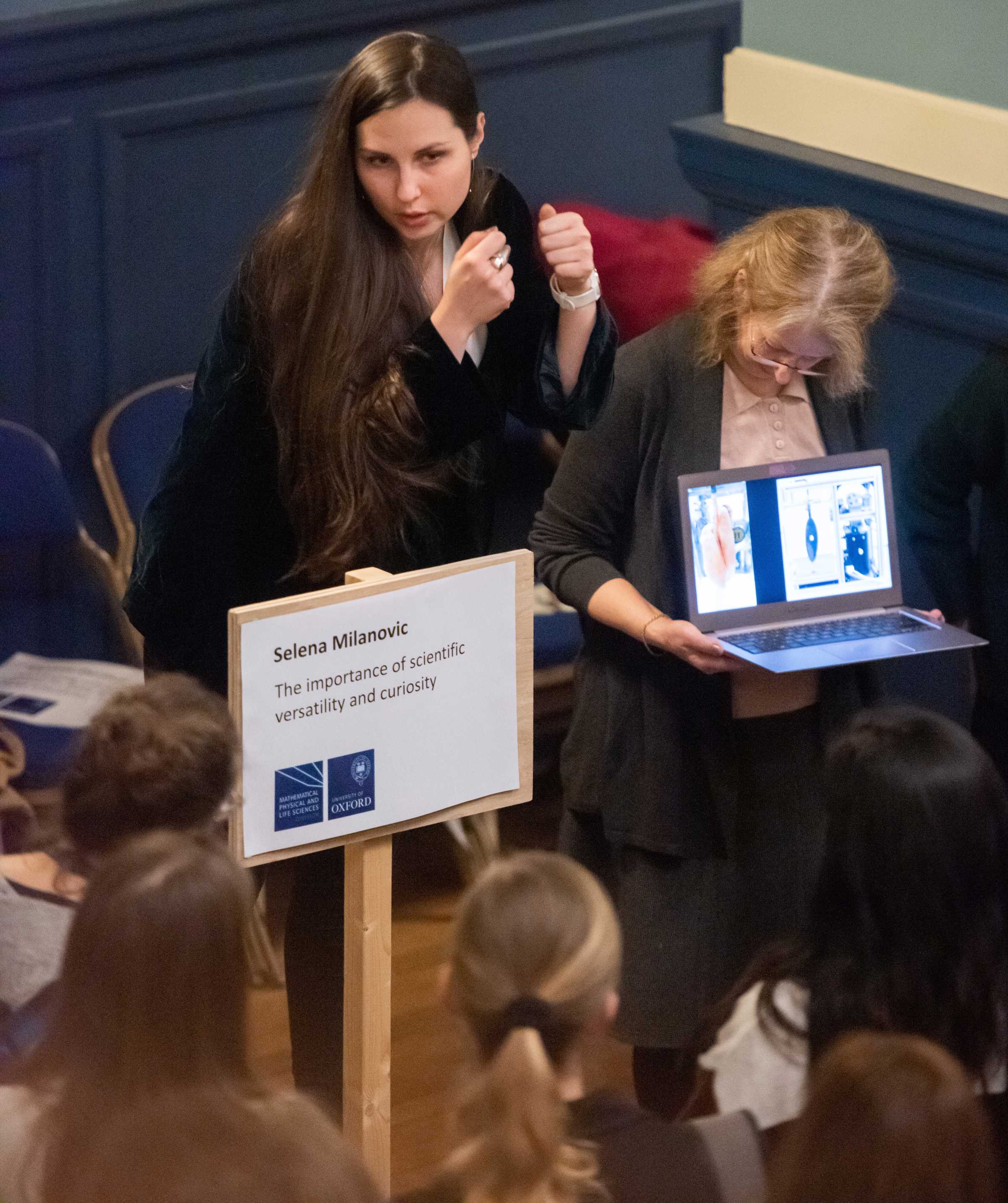 DPhil student Selena Milanovic talks to a room full of people at Women in STEM event at Oxford Town Hall, January 2020.