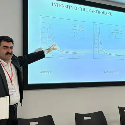 Prof Idris Bedirhanoglu giving talk about Earthquake Study