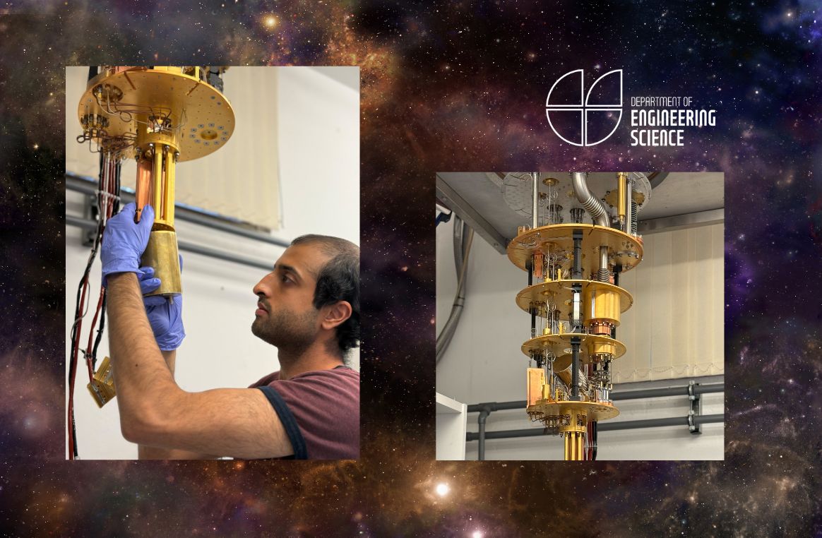 Oxford PhD student Vivek Wadhia sets up a dilution fridge inside which a quantum clock experiment was carried out.