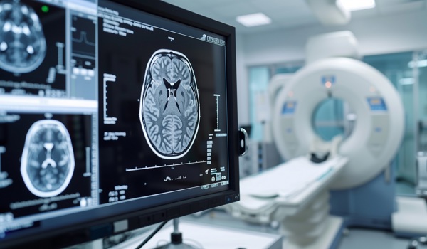 Diagnostic Imaging of Brain Injury: CT Scan or MRI Displaying Brain Injury on Radiology Screen in Hospital Setting