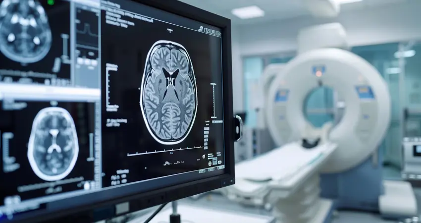 Diagnostic Imaging of Brain Injury: CT Scan or MRI Displaying Brain Injury on Radiology Screen in Hospital Setting