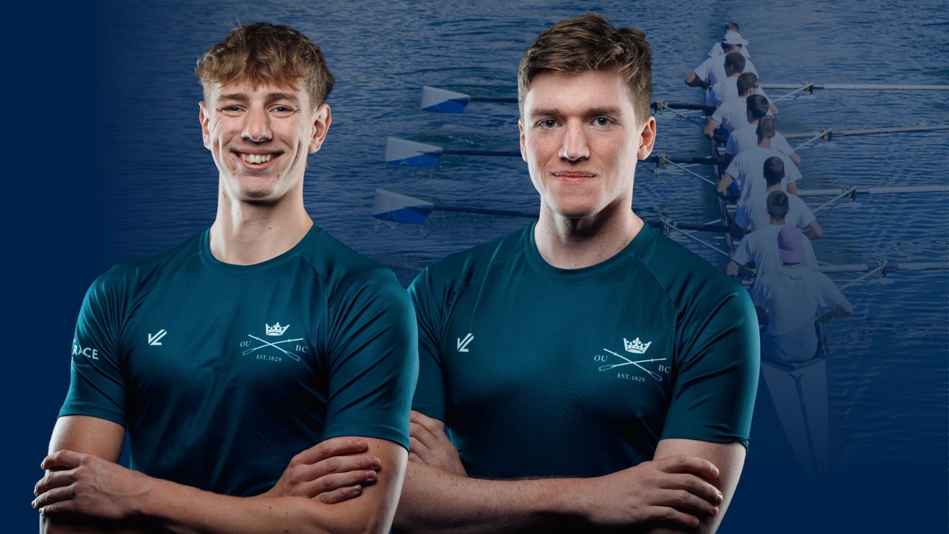 Two Oxford University Boat Club rowers, Alex Sullivan and Alex Underwood, stand with arms crossed in team kit, with a rowing crew on the river in the background.